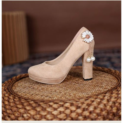 Women Flower Pearl Platform Pumps High Heels