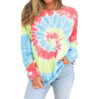 Womens Gradient Long Sleeve Tie Dyed T Shirt Top Round Neck Sweater