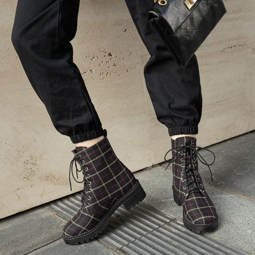 Women Lace Up Plaid Low Heels Short Boots