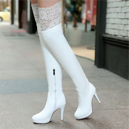 Women Lace Platform High Heels Knee High Boots