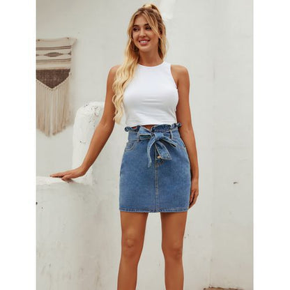 Retro Flounce High Waist Denim Short Washable Cross-tied All-matched Daily Women Skirts