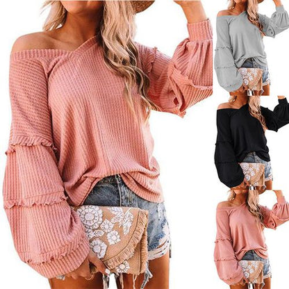 Womens Waffle Lantern Sleeve Ruffled V-neck T Shirt Long Sleeved Top