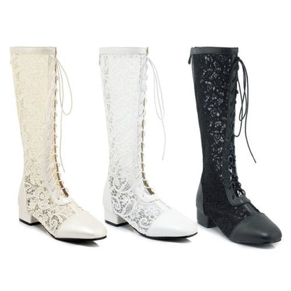 Women Lace Low Heels Tall Boots