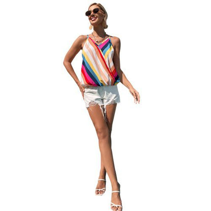 Womens Rainbow Strap V-neck Top