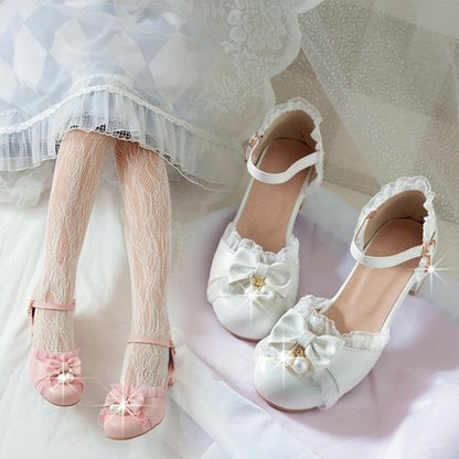 Women's Lace Bow Tie Mary Jane Mid Heels Sandals