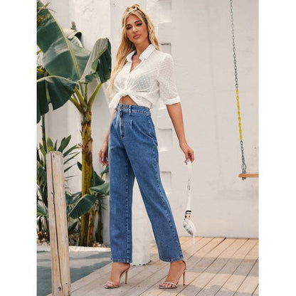 Ins Fashion High Waist Chains Straight Denim Long Women Jeans