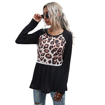 Womens Leopard Print Stitching Medium and Long T-shirt  Bottoming Shirt