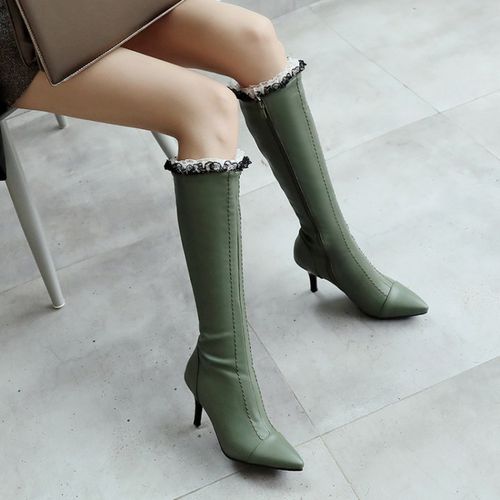 Women Pointed Toe Lace High Heel Tall Boots