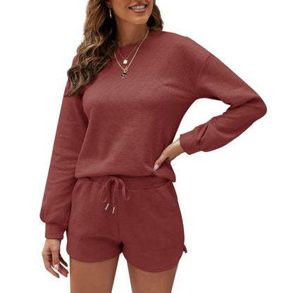 Women Long Sleeve T Shirt Tops Shorts Solid Color Home Two-piece Suit